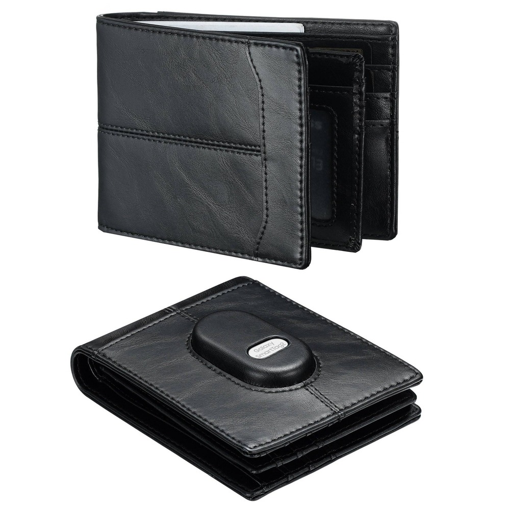 Furid Mens Black Leather Wallet for Samsung Galaxy SmartTag2 RFID Bifold Slim
